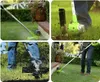 Collage of four images showing a person using a string trimmer in a garden setting. Náhľad obrázku produktu