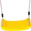 A yellow plastic swing seat with ropes, isolated on a white background.