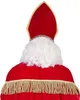 The back view of a costume for a bishop or saint, featuring a red robe with gold trim and fringe, and a red mitre hat. Anteprima dell’immagine prodotto