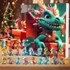 A festive scene featuring a dinosaur-themed advent calendar with multiple small dragon figures arranged in front of it, alongside a decorated Christmas tree and gift boxes. Produktbild-Vorschau