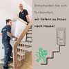 Two movers carrying a large appliance up a staircase, with graphic elements of a door and a delivery person with boxes. Podgląd zdjęcia produktu