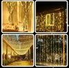 Collage of four images showing different applications of warm white LED string lights, including indoor curtains, outdoor house decoration, and pathway lighting. Náhľad obrázku produktu