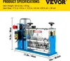 A product shot of an electrical wire stripping machine with dimensions and specifications overlaid. Produktbild-Vorschau
