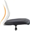 A close-up side view of a dark gray office chair seat and white backrest. Produktbild-Vorschau