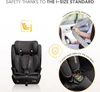 A car seat is shown next to marketing graphics highlighting safety features. Produktbild-Vorschau
