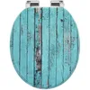 A toilet seat with a distressed blue wood grain pattern. Produktbild-Vorschau
