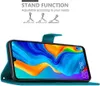 A teal flip case for a Huawei P30 Lite phone, shown with the phone inside and the case open to demonstrate its stand function. The background is white. Anteprima dell’immagine prodotto