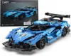 A blue building block sports car model is shown, with its packaging in the background. Produktbild-Vorschau