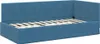 A blue upholstered bed frame with a slatted base is shown from a side angle. Produktbild-Vorschau