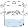 A diagram showing a steamer pot with water and dumplings inside. Produktbild-Vorschau