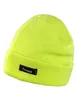 A bright yellow beanie hat with a black label is shown against a white background. Produktbild-Vorschau