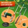 A collage of garden tools with text overlays highlighting their functions. Produktbild-Vorschau