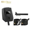 A product shot of a welding mask, a wire brush, and two coiled cables with clamps, presented on a white background. Produktbild-Vorschau
