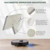 A robotic vacuum cleaner is shown on a wooden floor, with a close-up of microfiber mop cloths and descriptive text highlighting their features. Produktbild-Vorschau