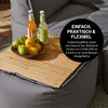 A wooden tray with fruit and drinks on a gray beanbag. Produktbild-Vorschau