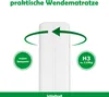 A white mattress is shown with green arrows indicating it can be flipped, and circles highlighting features. Produktbild-Vorschau