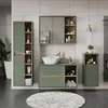 A modern bathroom vanity set with a sink, mirror, and storage cabinets. Produktbild-Vorschau