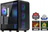 A black computer tower case with RGB lighting, shown on a white background with several award badges and a 'Smart buy!' badge. Produktbild-Vorschau