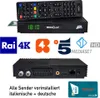 A collage showing a satellite receiver, its remote, and logos of TV channels. Produktbild-Vorschau
