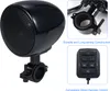 A collage of images showing a motorcycle speaker, its mounting hardware, and a remote control. Náhled obrázku produktu