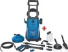 A blue and black Scheppach high-pressure washer with various accessories laid out around it on a white background. Produktbild-Vorschau