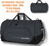A dark gray duffel bag with the brand name 'travelite' visible on the front. The bag is shown from a slightly angled front view, with a smaller image of the same bag in a top-down view in the upper right corner. Text describing the bag's features is presen Produktbild-Vorschau
