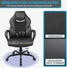 A black ergonomic office chair is shown with callouts highlighting its features, such as breathability and durability. The image is split into two sections: the chair itself and close-ups of the material. Produktbild-Vorschau