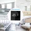 A collage of four images showing different applications of a smart digital thermostat, including a living room, classroom, office, and bedroom. Podgląd zdjęcia produktu