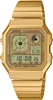 A close-up, front-facing studio shot of a gold-colored digital watch with a metal band, presented on a white background. Voir les images du produit