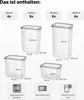 A diagram showing different sizes of clear storage containers with dimensions and quantities, along with icons indicating dishwasher safe, microwave safe, and freezer safe. Anteprima dell’immagine prodotto