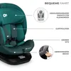 A close-up view of a teal car seat with labels pointing to different features. Produktbild-Vorschau
