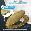 A close-up of a decorative toilet seat and lid with a warranty badge and text overlay. Produktbild-Vorschau