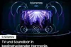 A TV screen displaying a concert with sound waves emanating from it, suggesting audio synchronization. Produktbild-Vorschau