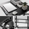 A collage of images showing a height-adjustable standing desk and its features. Podgląd zdjęcia produktu