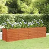 A wooden planter box filled with purple flowers sits on a green lawn, with a hedge and trees in the background. Produktbild-Vorschau
