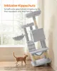 A cat tree is shown next to a window with a cat in front of it. Text overlays describe features. Produktbild-Vorschau