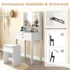 A white vanity table and stool set in a room, with a wall-mounted coat rack and hat in the background. The right side of the image contains marketing graphics. Podgląd zdjęcia produktu