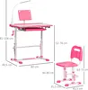 A pink children's desk and chair set with dimensions labeled. Produktbild-Vorschau