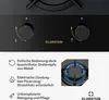 Close-up of a black gas stove with gold accents and text describing features. Produktbild-Vorschau