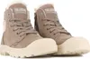 A pair of brown Palladium winter ankle boots with cream-colored soles and white fur lining, shown against a white background.