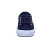 A front view of a navy blue Superga sneaker with a white sole and laces, isolated on a white background. Produktbild-Vorschau