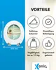 A toilet seat with a tropical beach design is shown, with various features of the toilet seat highlighted with icons and text. Produktbild-Vorschau