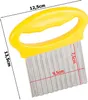 A yellow and silver wavy vegetable cutter with dimensions indicated by measurement lines and text. Podgląd zdjęcia produktu