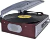 A record player with a vinyl record on it, shown from a three-quarter angle. Produktbild-Vorschau