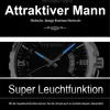 A close-up of a men's watch with promotional text above and below. Produktbild-Vorschau