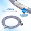 A close-up of a washing machine inlet hose, with text highlighting its material properties and a cutaway view showing its internal structure. Produktbild-Vorschau