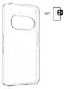 A transparent phone case is shown from the front, with a graphic indicating 360-degree rotation and a camera icon. Produktbild-Vorschau