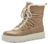 A single tan winter boot with white fur trim and beige laces is shown against a white background. Produktbild-Vorschau