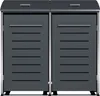 A front view of two dark gray garbage bins with silver handles and trim, set against a white background. Produktbild-Vorschau