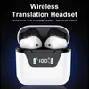 A pair of white wireless earbuds in an open charging case with a digital display showing battery status. Podgląd zdjęcia produktu